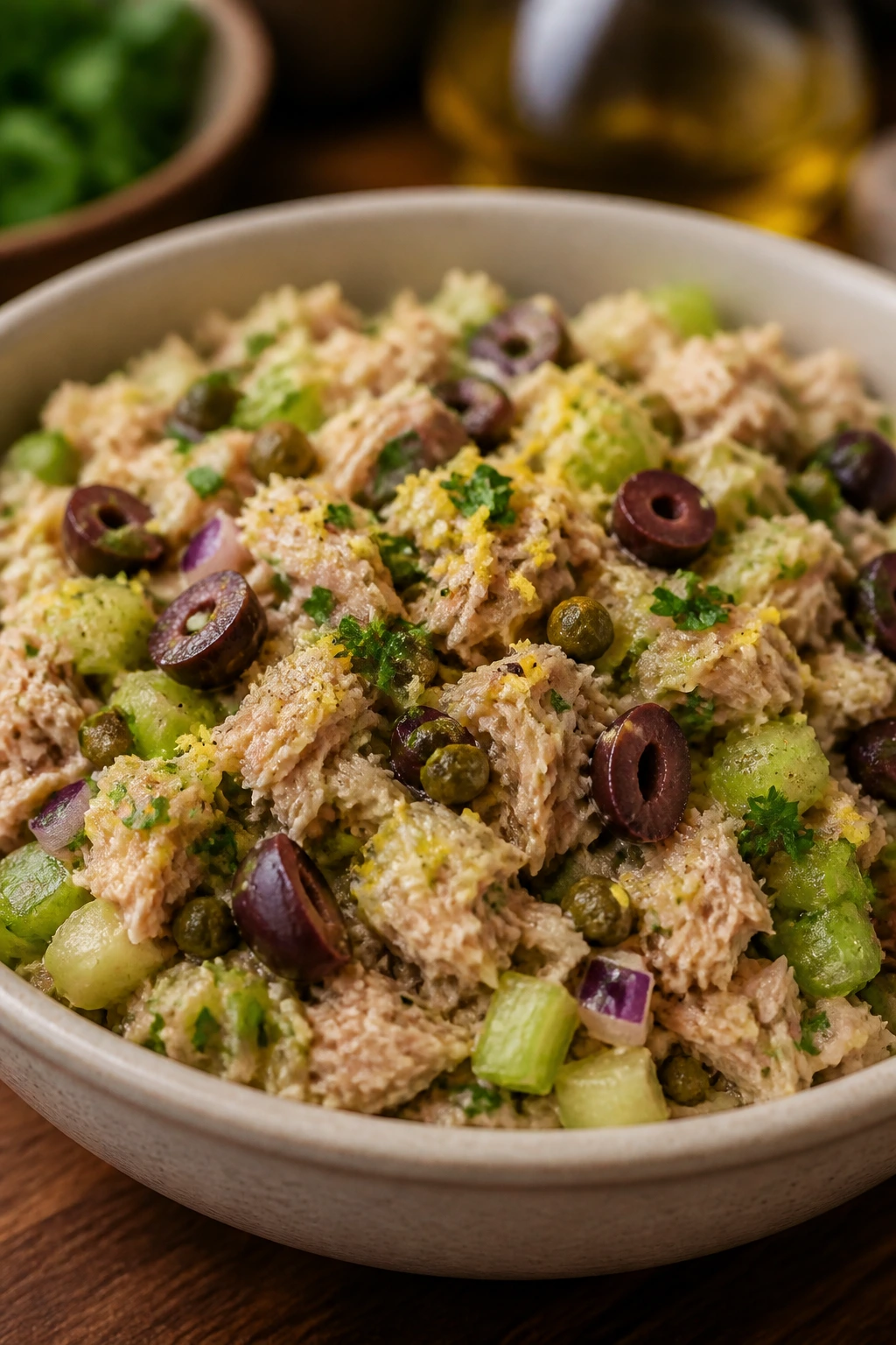 Tuna salad bowl with capers, olives, and lemon zest topping