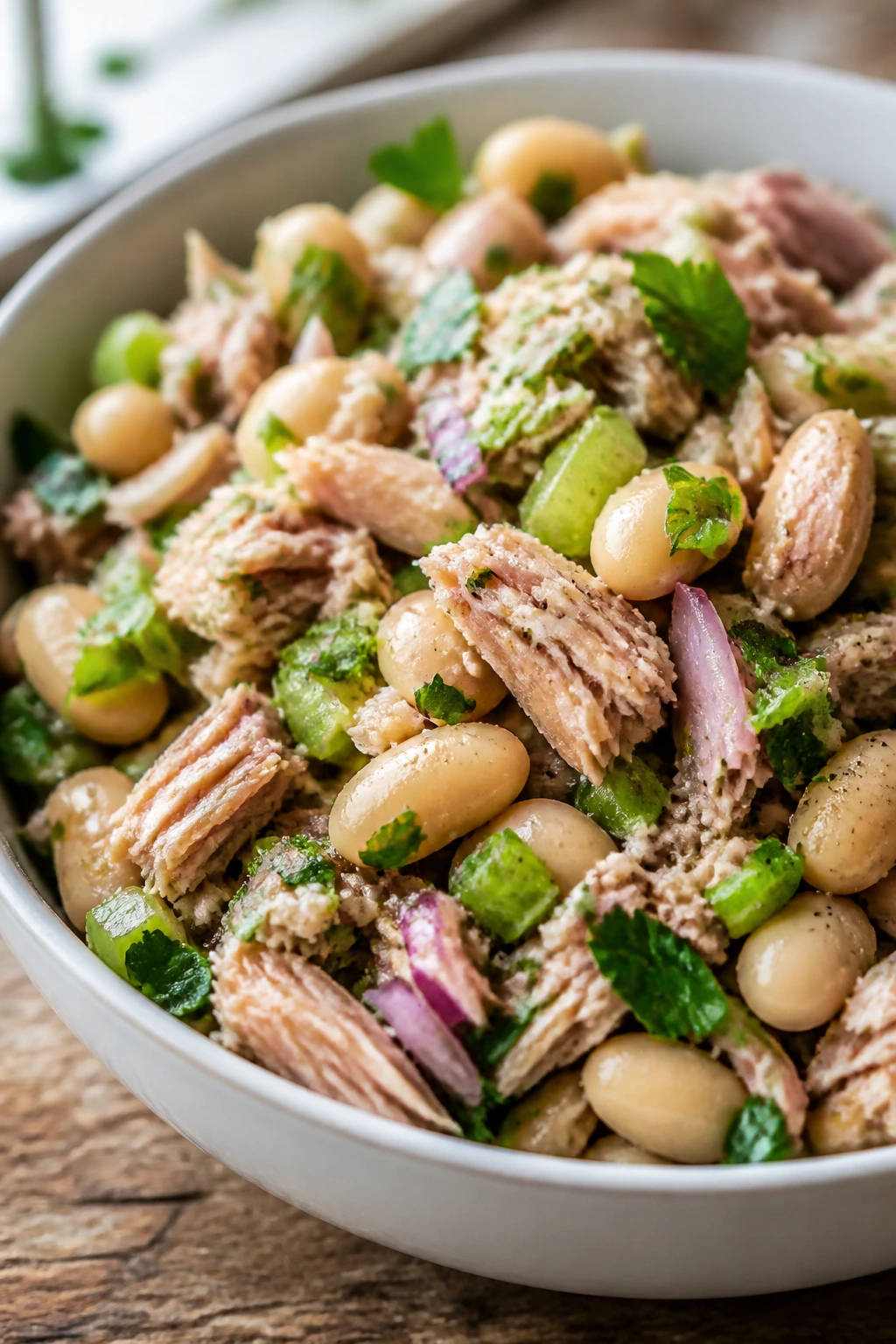 Close-up of Tuna White Bean Salad with tuna, white beans, celery, and lemon dressing in a bowl