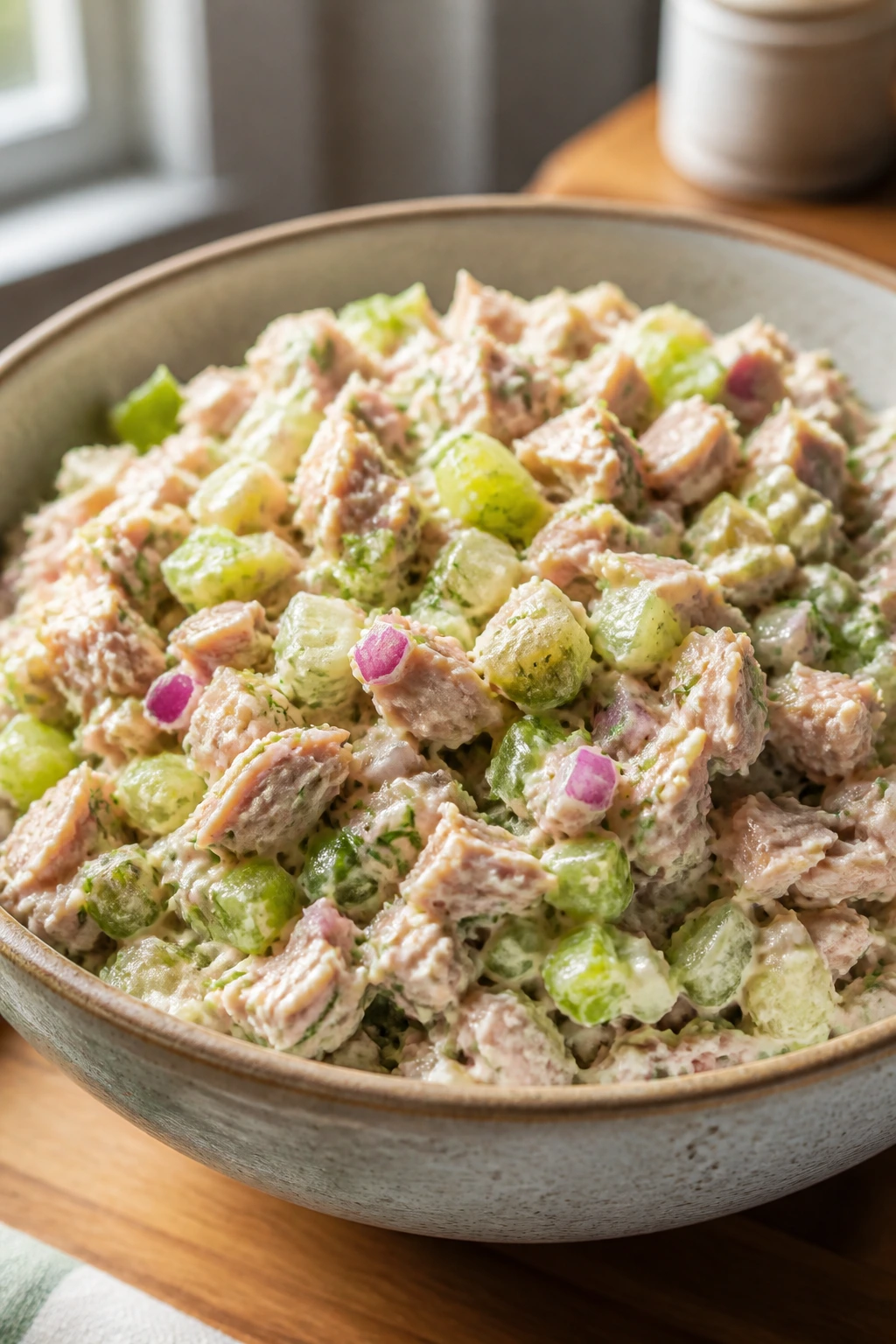 Close-up of vibrant tuna salad with yogurt dressing and crunchy vegetables