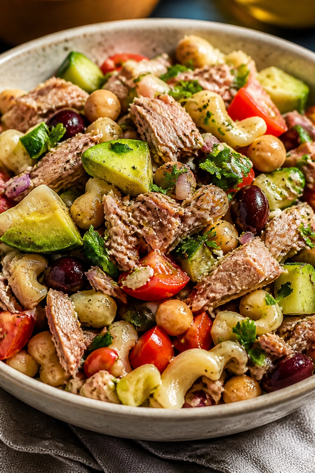 Close-up of a vibrant tuna salad bowl with varied textures on a kitchen counter