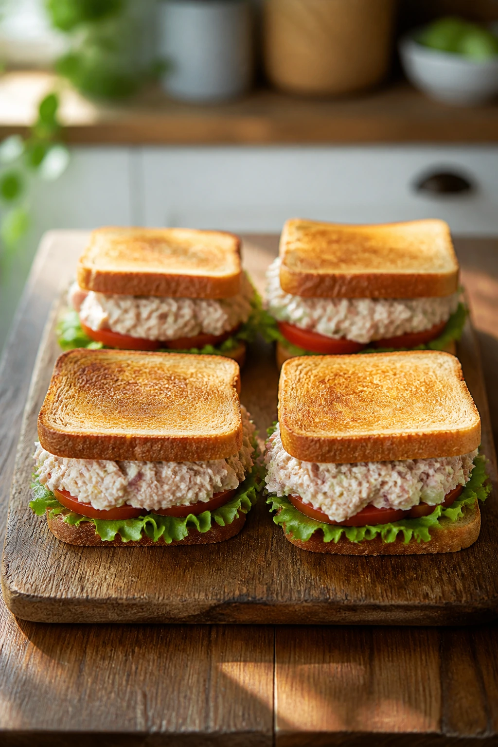 Four tuna sandwiches arranged on a wooden board