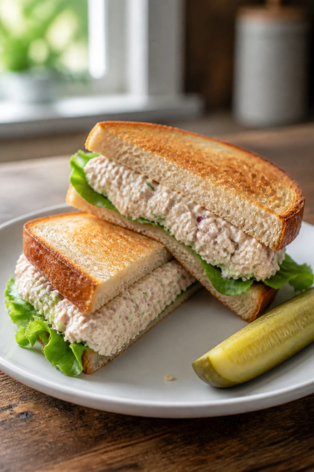 Close-up of a toasted tuna sandwich cut diagonally with lettuce and pickle on a wooden counter