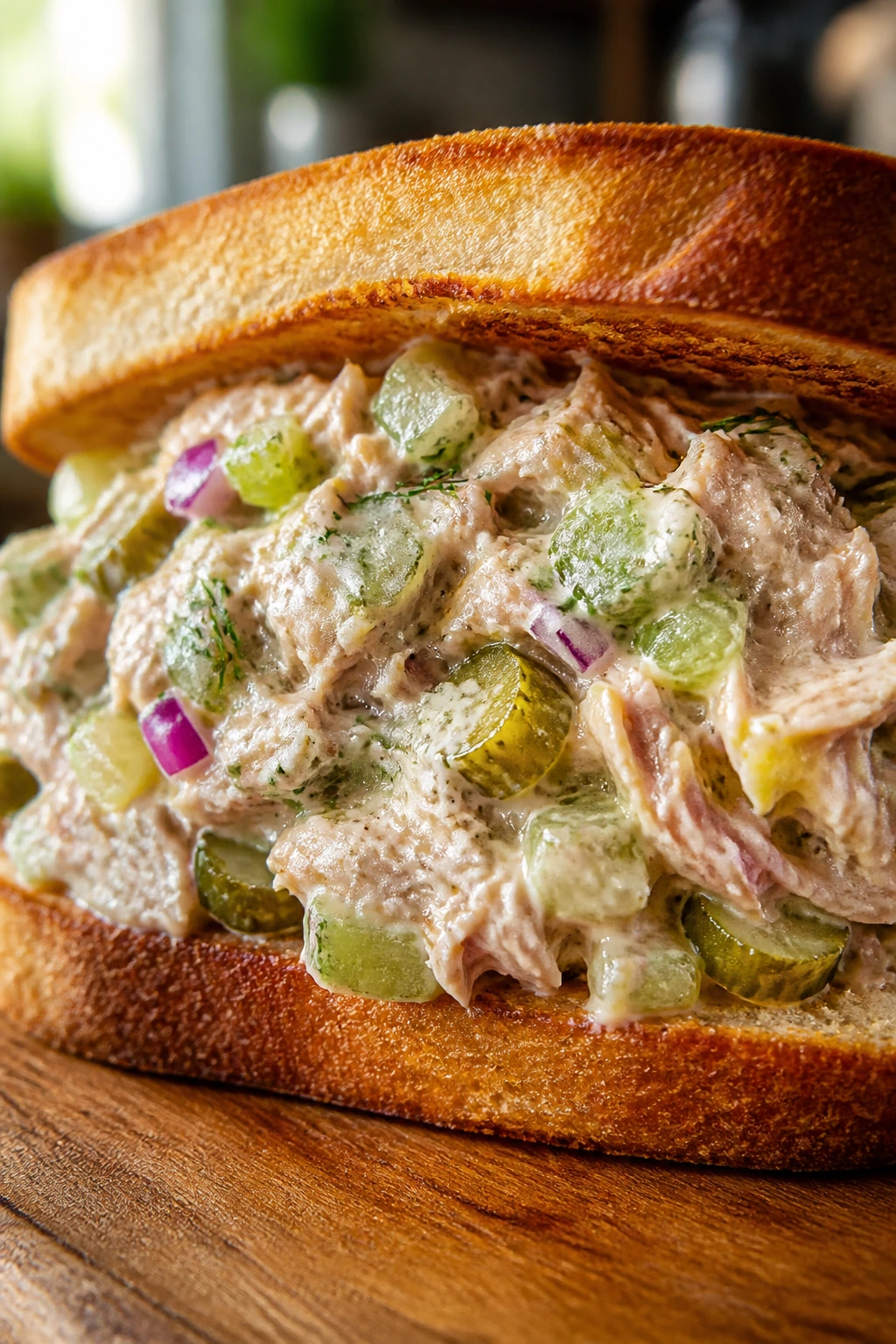 Close-up of a tuna sandwich filling between toasted bread on a wooden counter