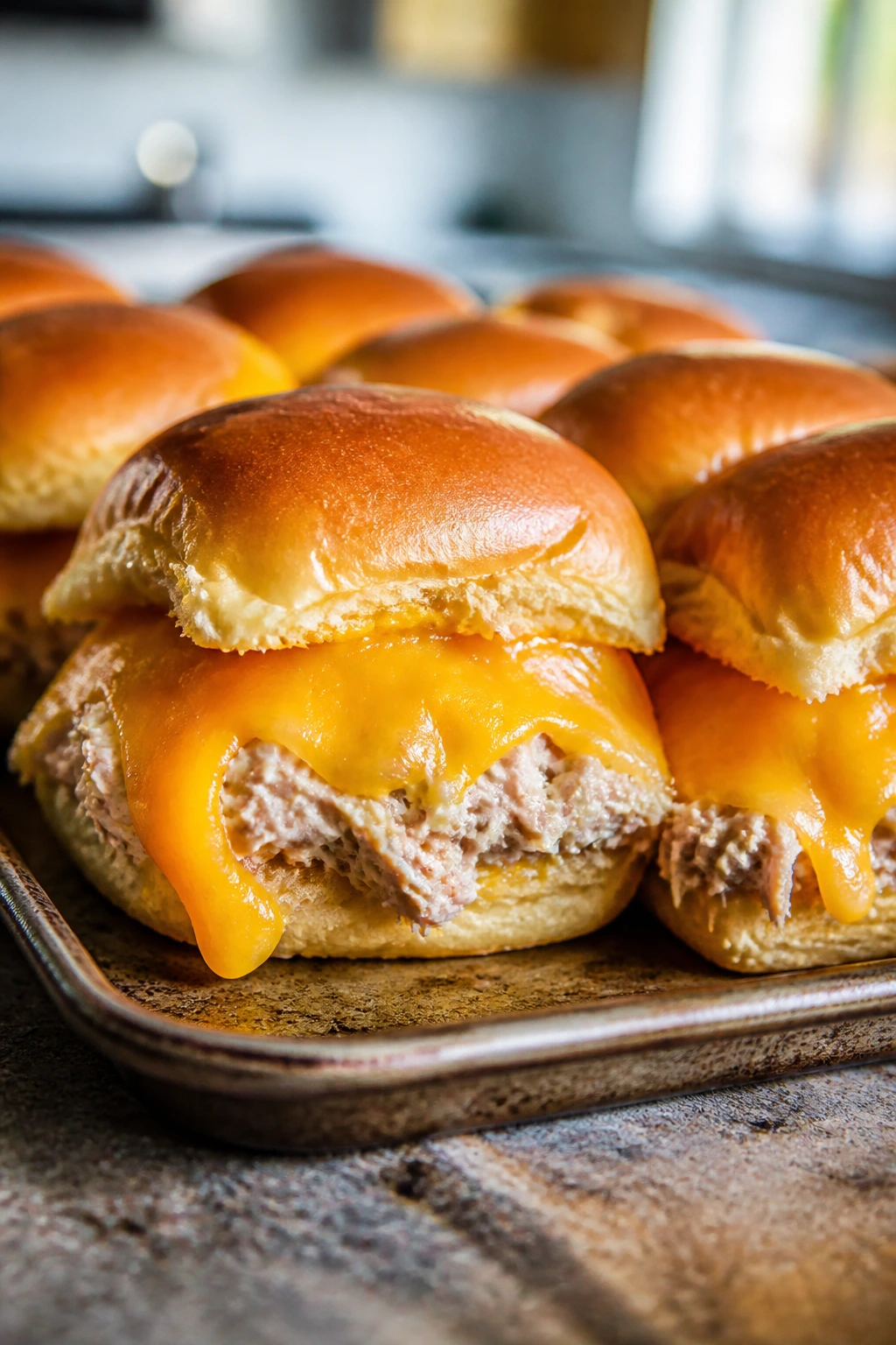 Close-up of Cheesy Tuna Melt Sliders on a wooden board in a cozy home kitchen