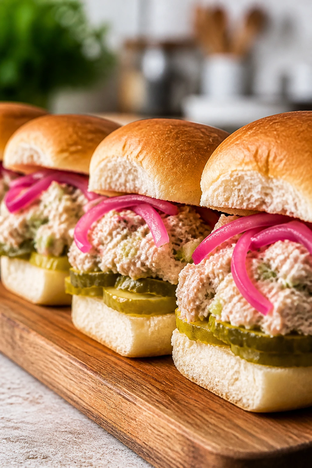 Tuna salad sliders with pickled onions on a board