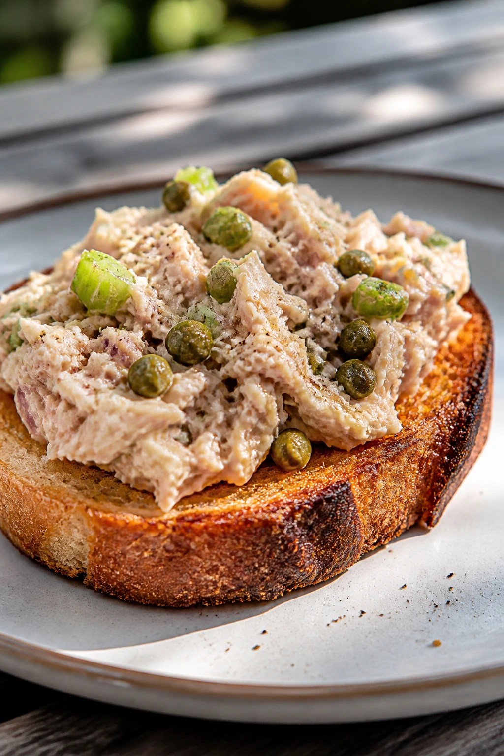 Toasted sourdough with tuna salad and capers outdoors