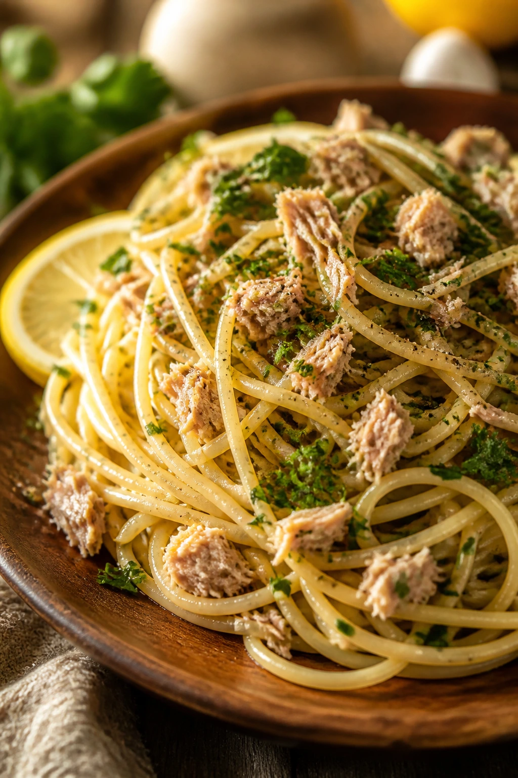 Close-up of garlic butter tuna spaghetti on plate.
