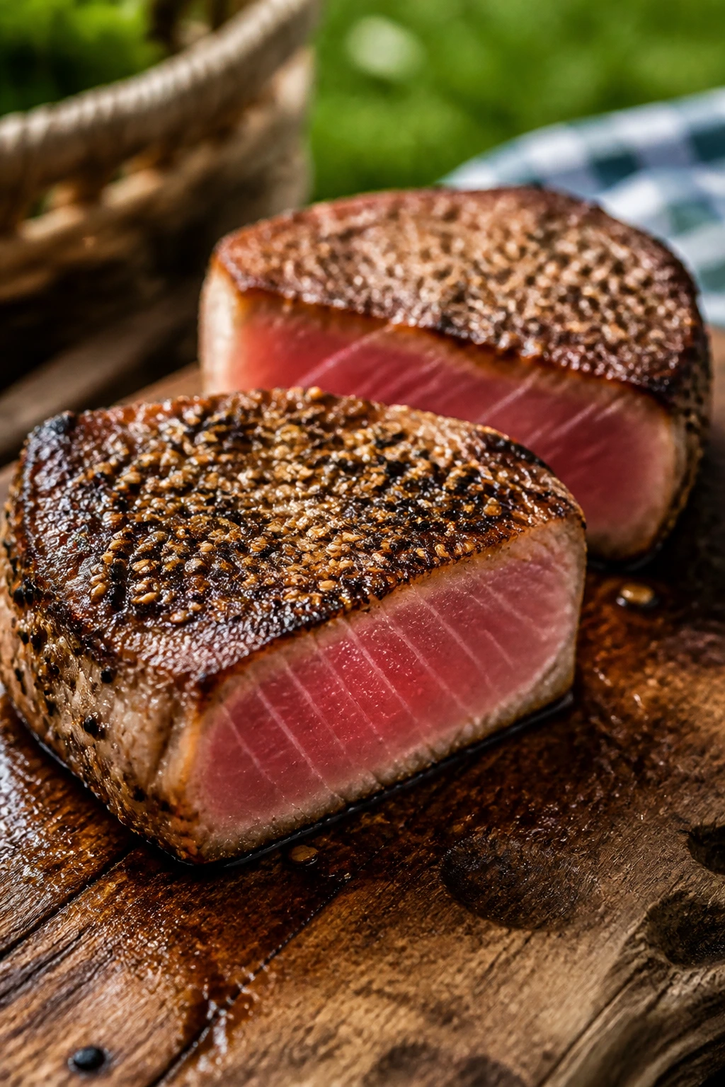 Sesame-seared tuna steaks on a wooden board outdoors