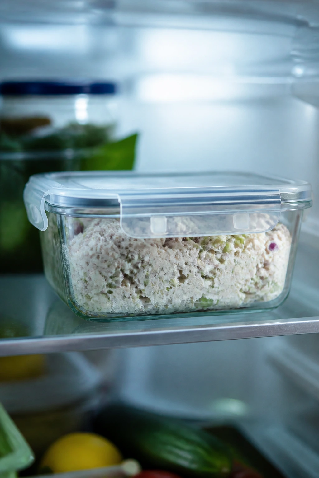 Airtight tuna salad storage container in fridge.