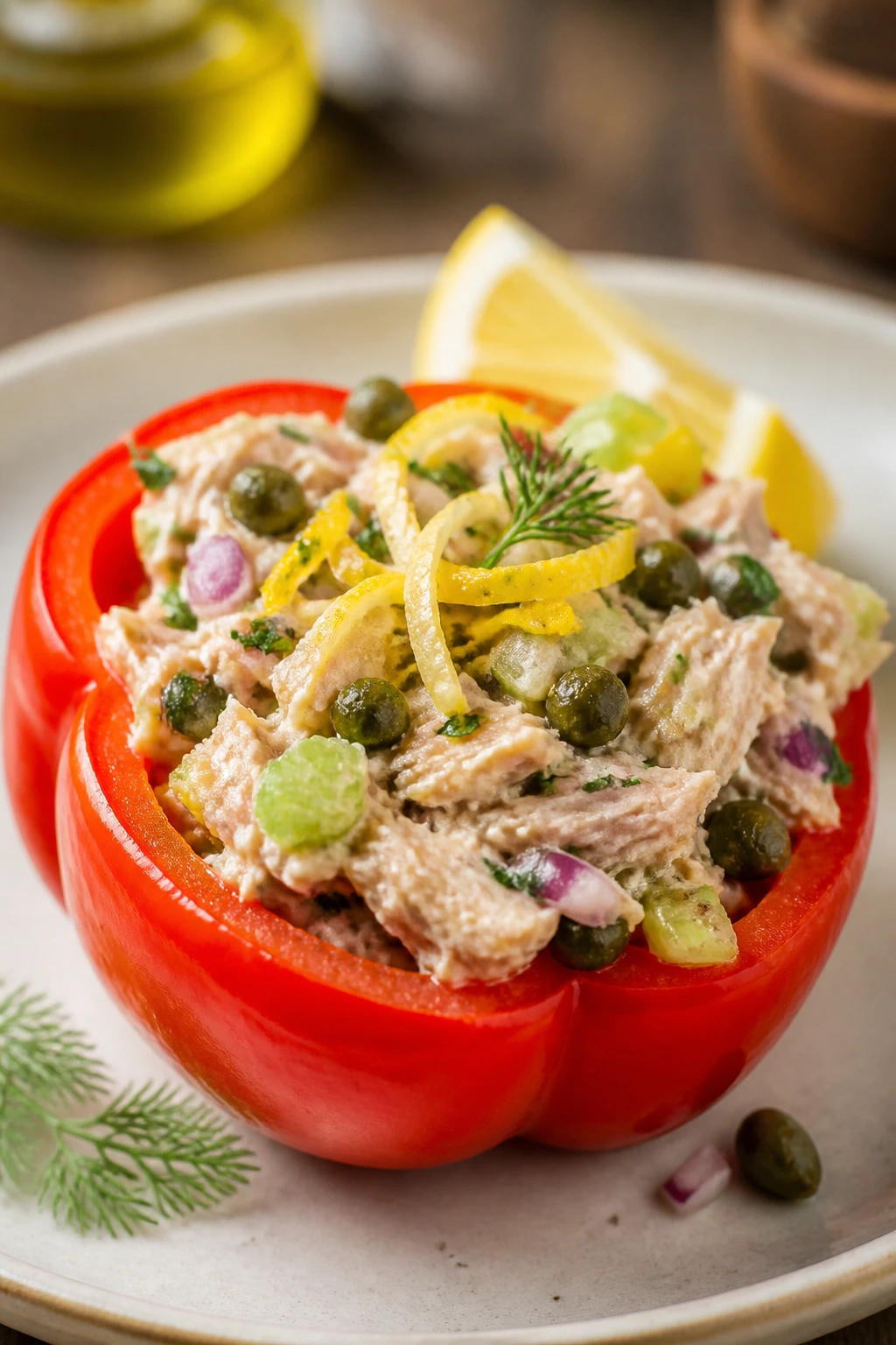Bell pepper half stuffed with tuna salad