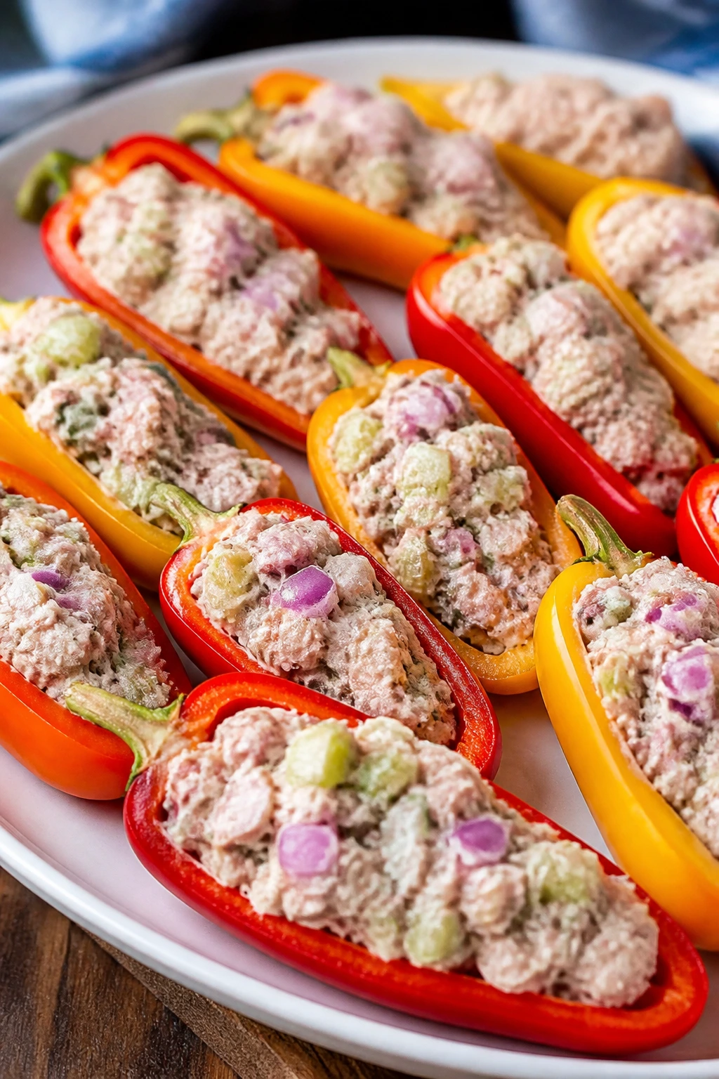 Tuna salad stuffed mini peppers on a plate