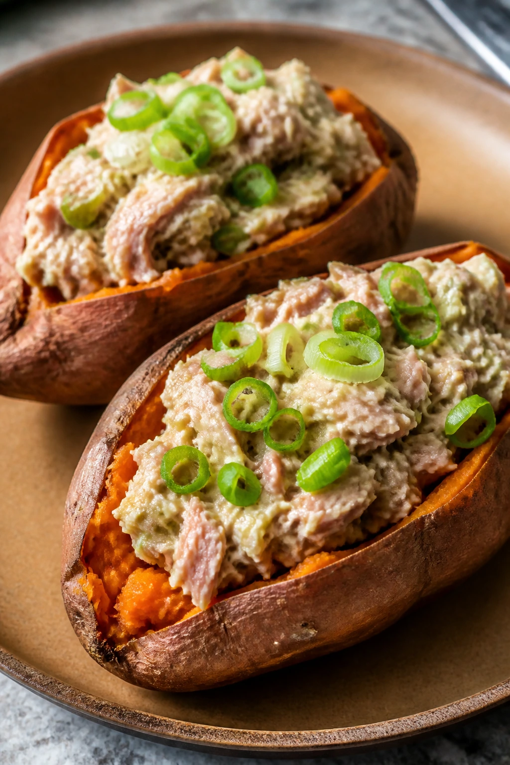 Stuffed sweet potatoes with tuna salad and scallions