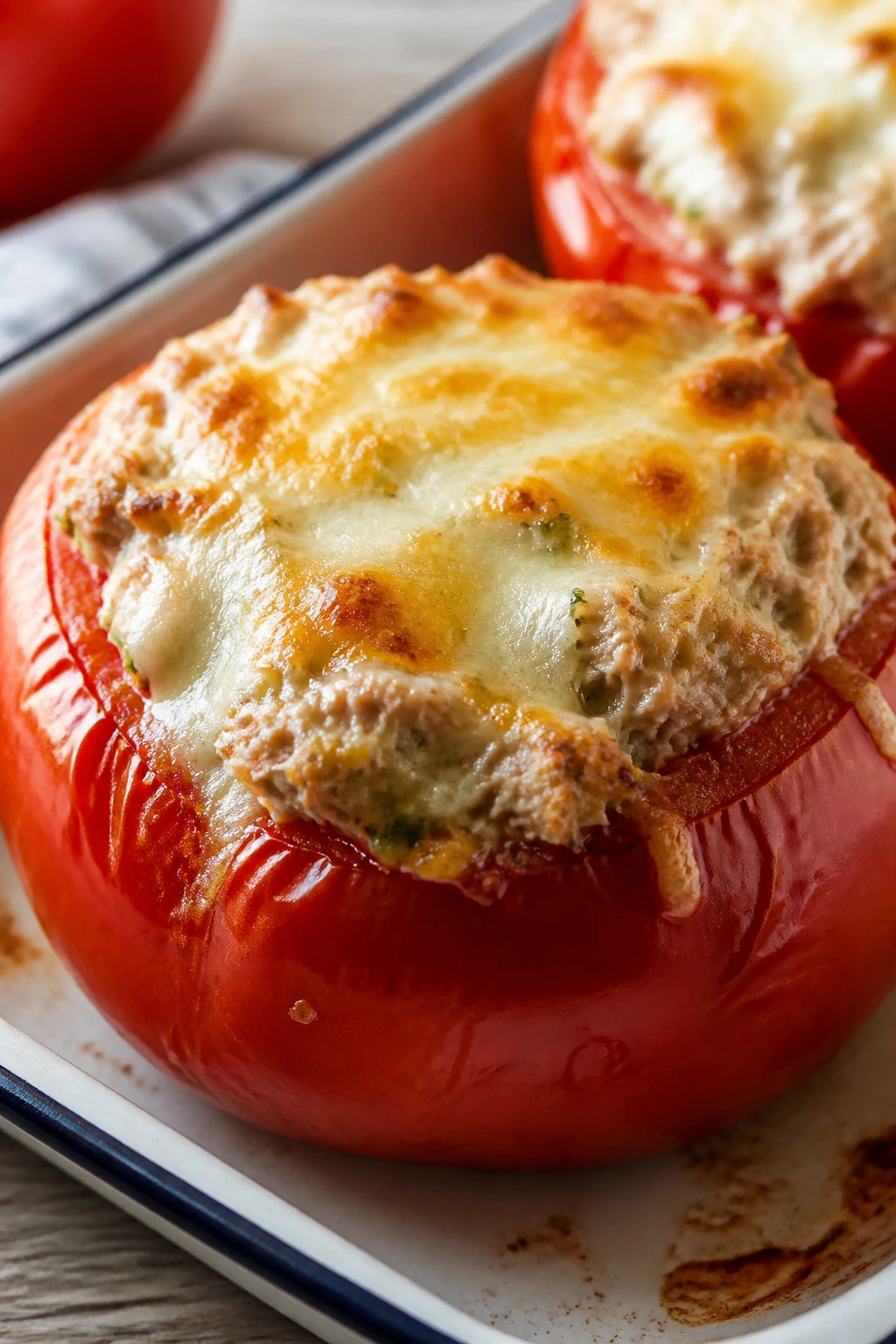 Stuffed tomato with tuna and melted cheese in a baking dish