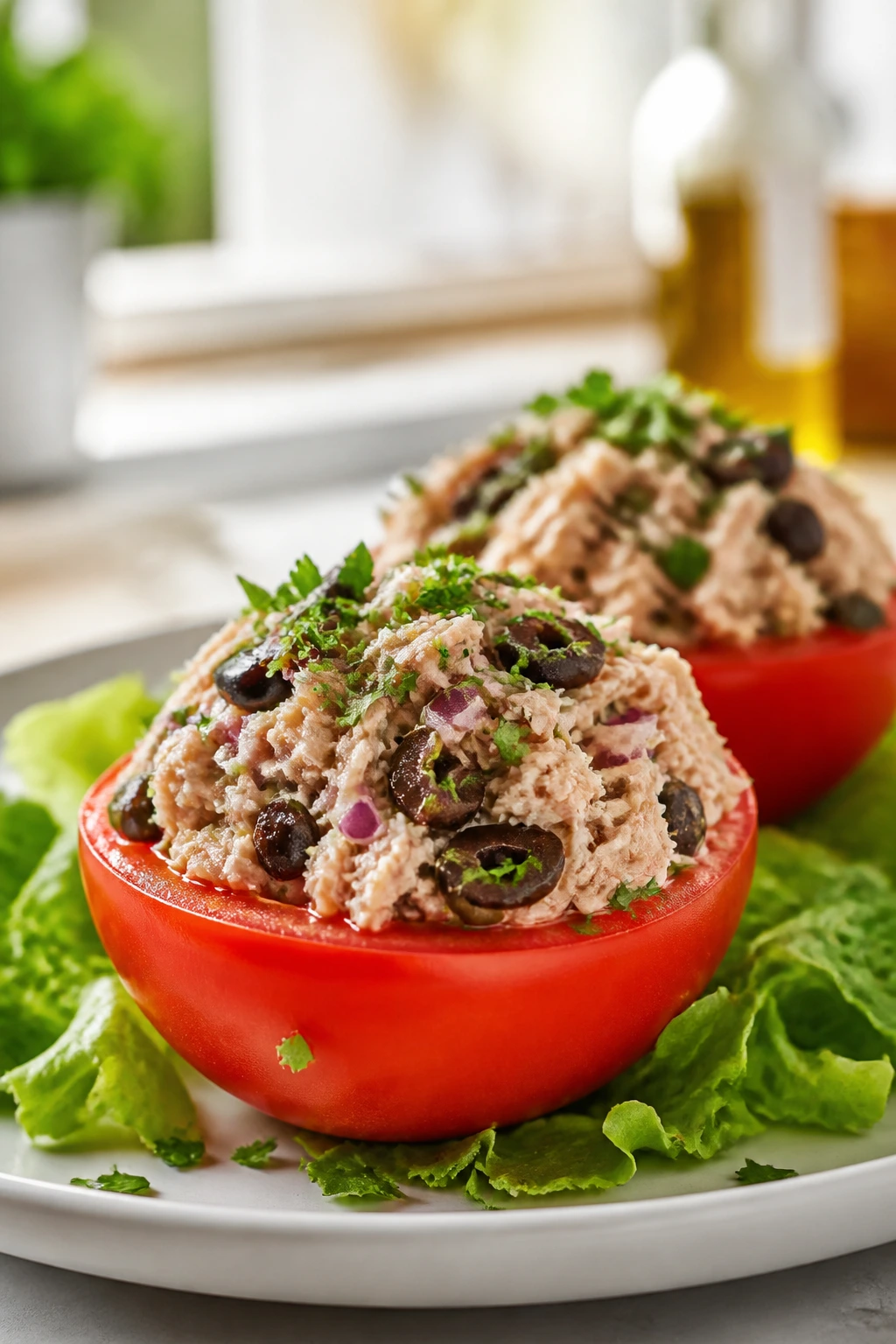 Two stuffed tuna tomates on a plate with olives and parsley