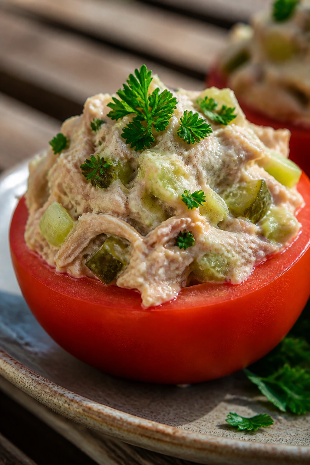 Close-up of tuna salad stuffed tomatoes on a rustic plate