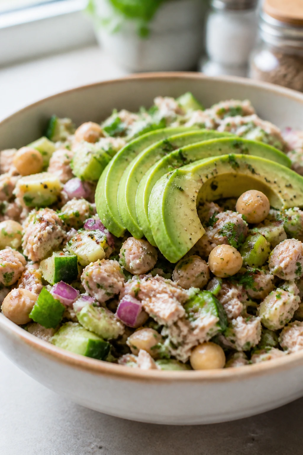 Tuna salad bowl with avocado as a mayo-free variation.