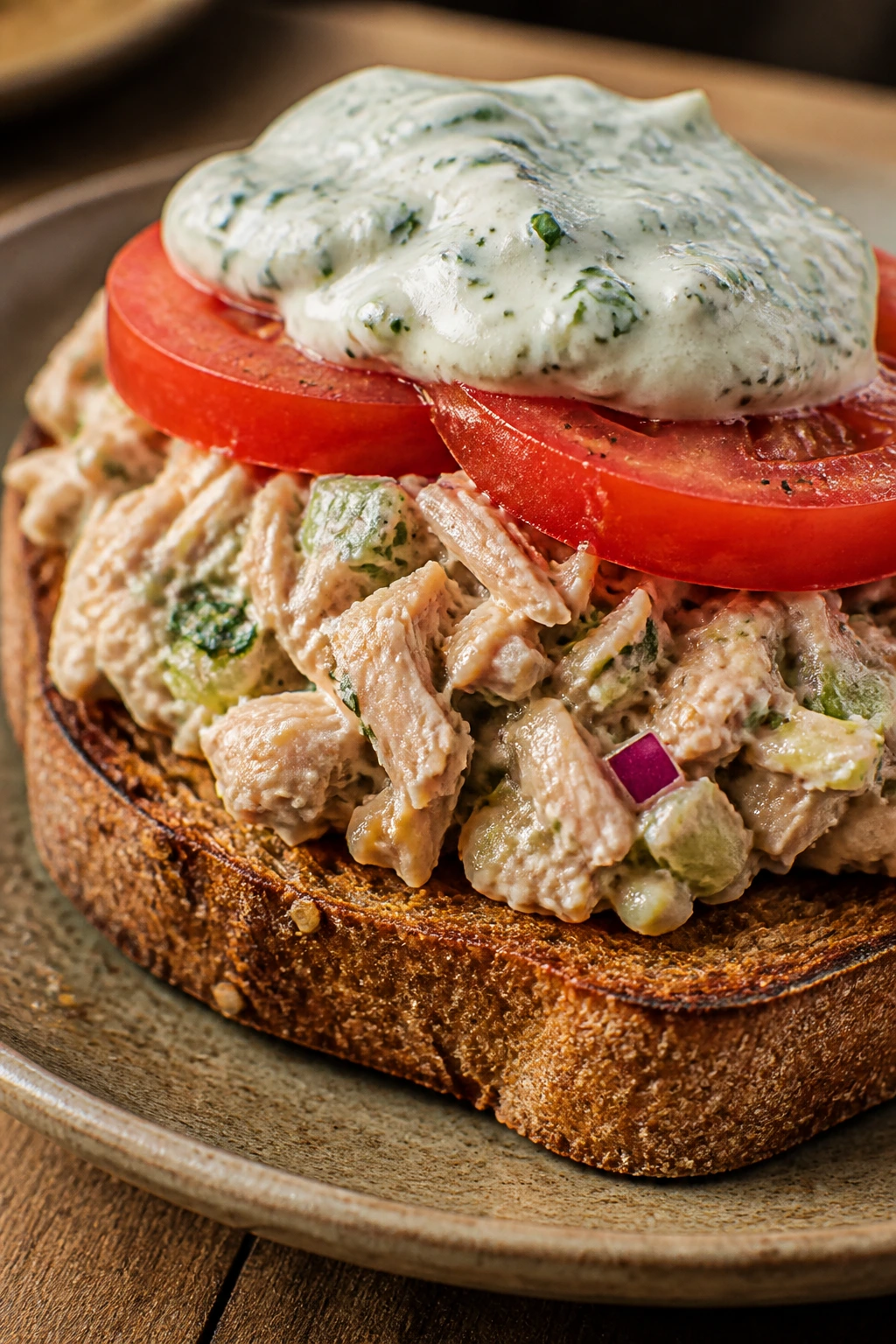 Toast with tuna salad tomato and herb mayo on a plate
