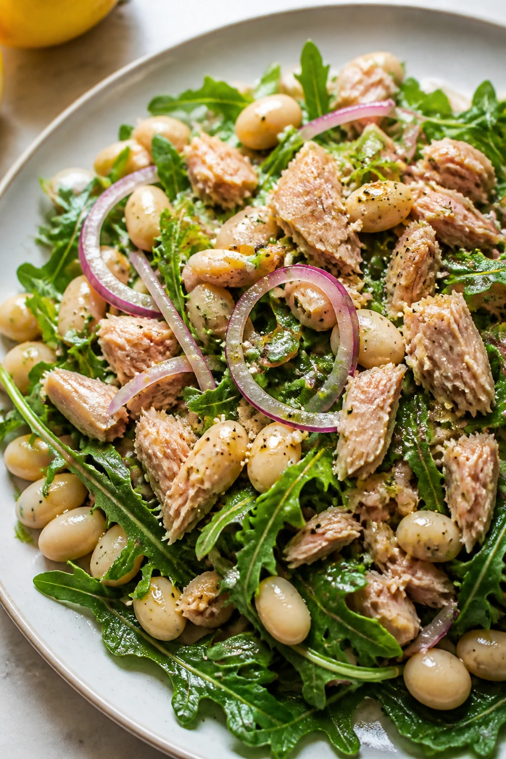 Close-up of tuna and white bean arugula salad with red onion and lemon dressing