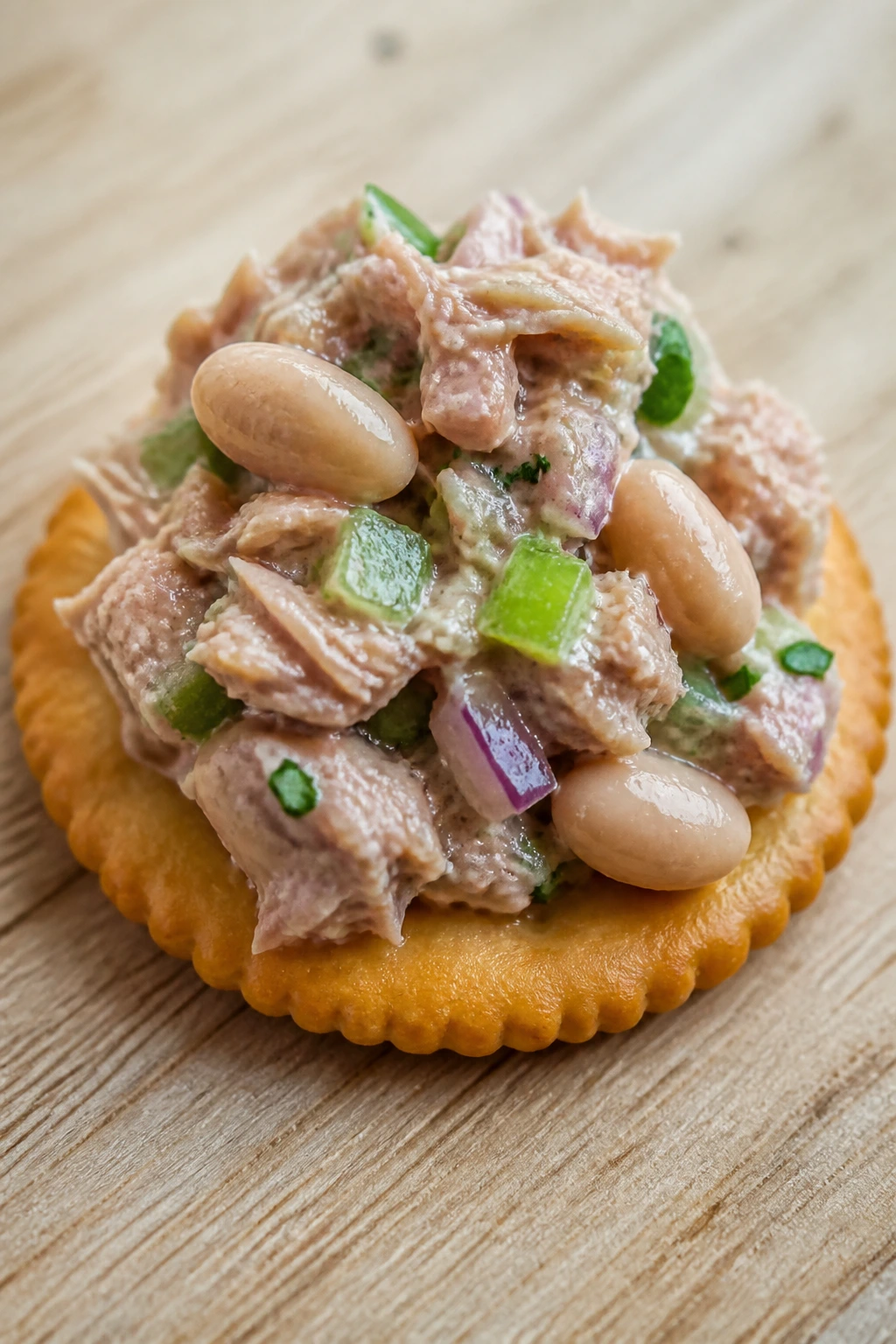 Close-up cracker with tuna white bean salad on a wooden surface