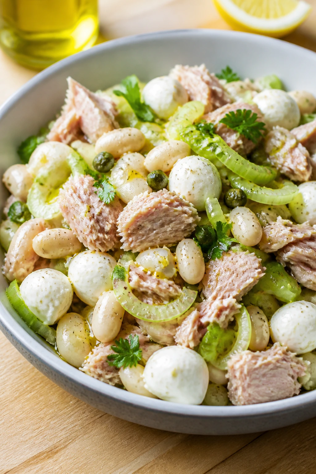 Close-up of Tuna White Bean Mozzarella Salad in a bowl with celery and capers.