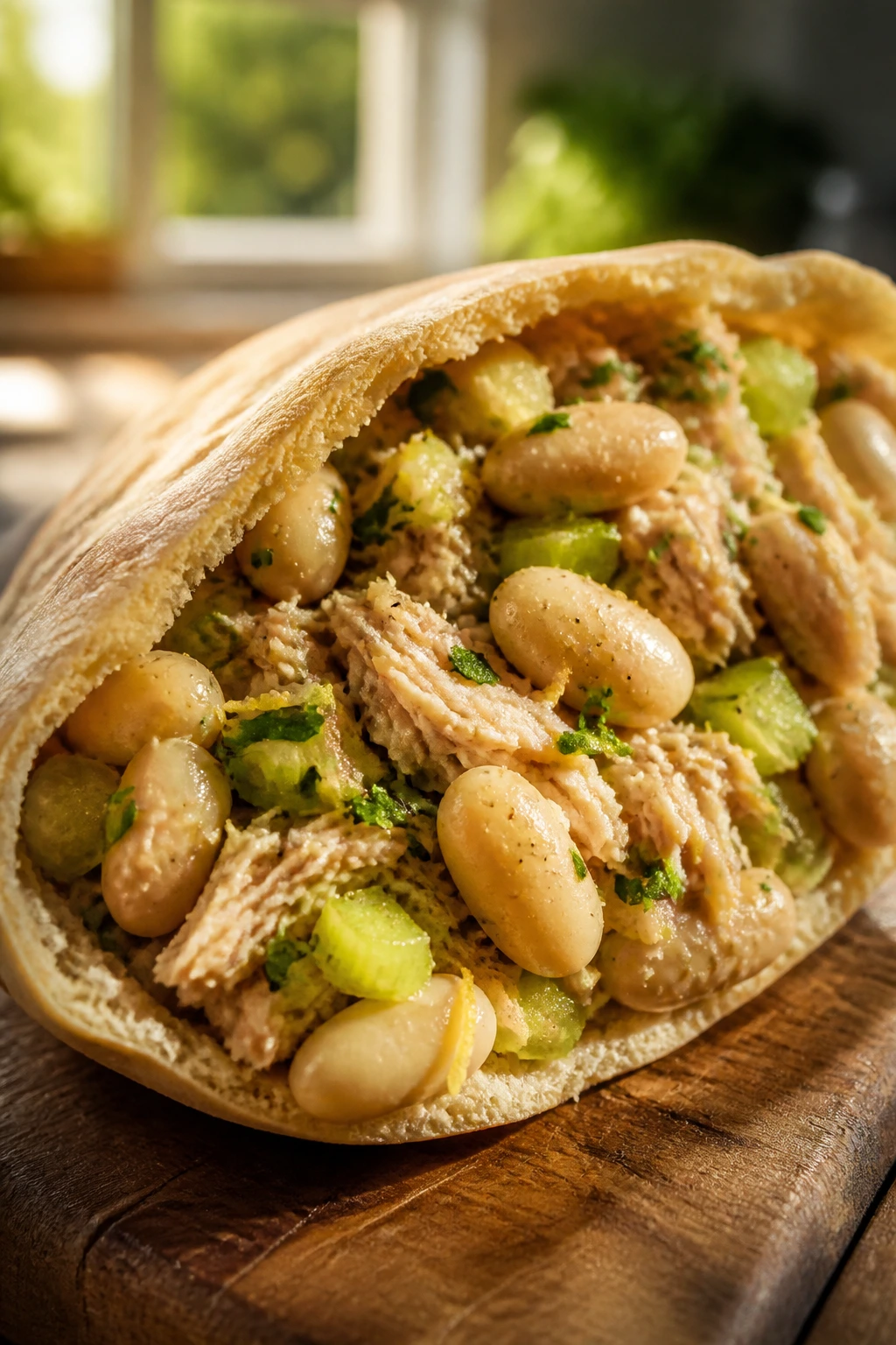 Close-up of a pita stuffed with tuna and white bean salad on a wooden board.