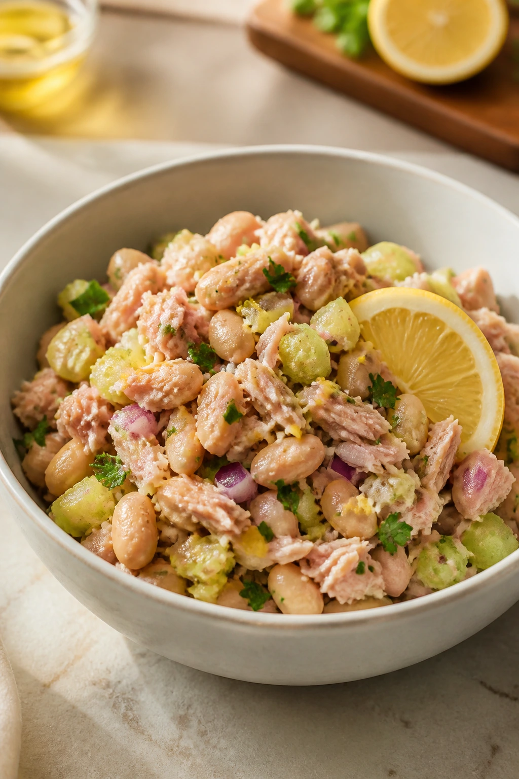 Tuna and white bean salad with lemon dressing in a bowl