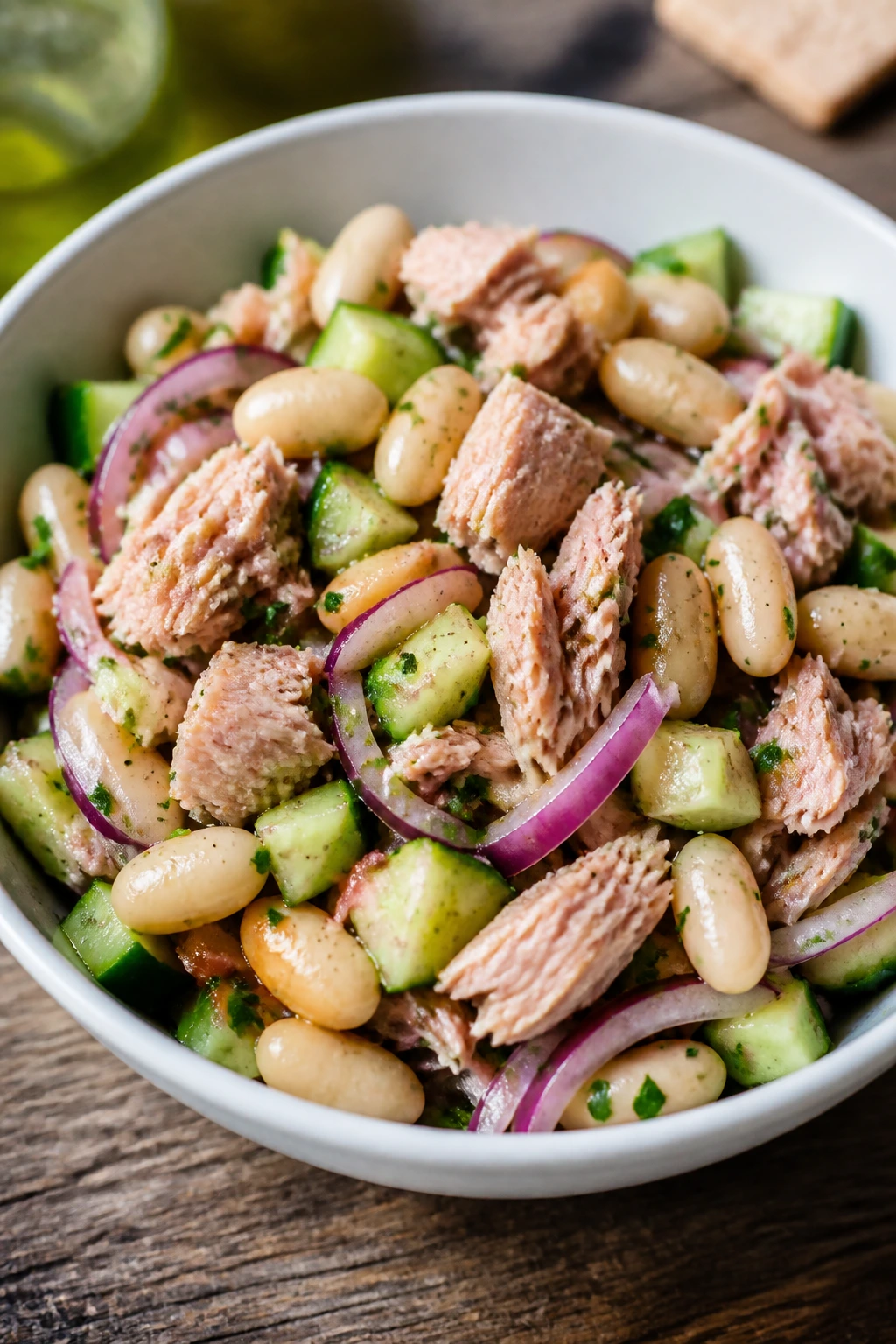 Tuna and white bean salad in a bowl on a wooden table