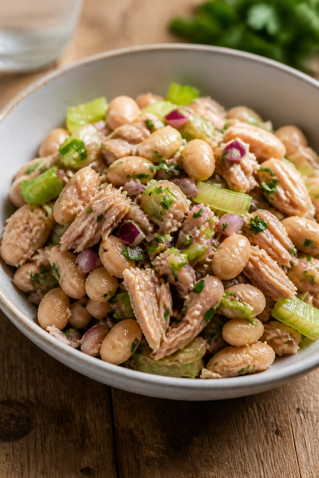 Tuna and white bean salad on a wooden table