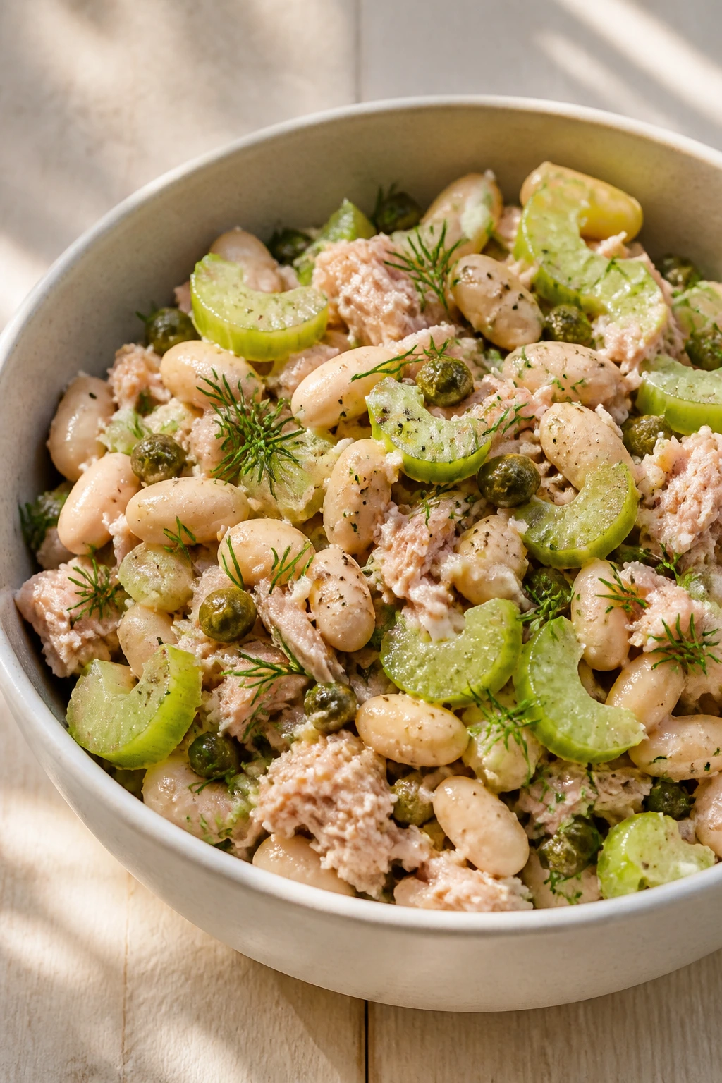Tuna white bean salad in a bowl with celery and dill