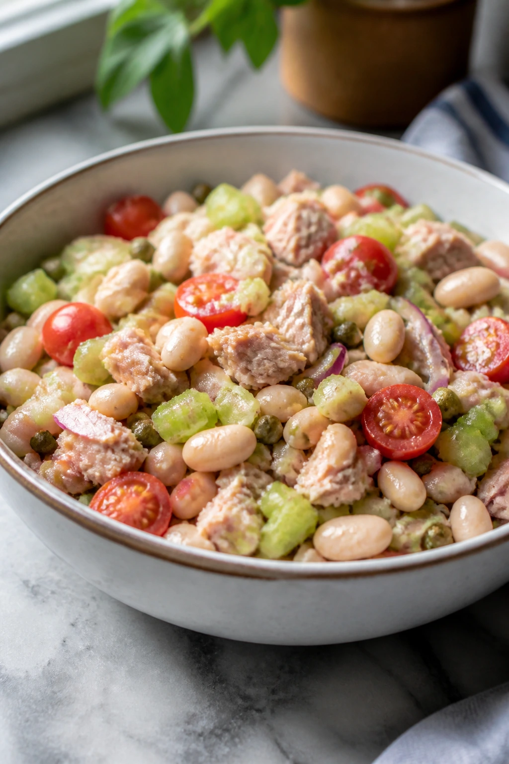 Close-up of tuna and white bean salad with celery and tomatoes in a bowl.