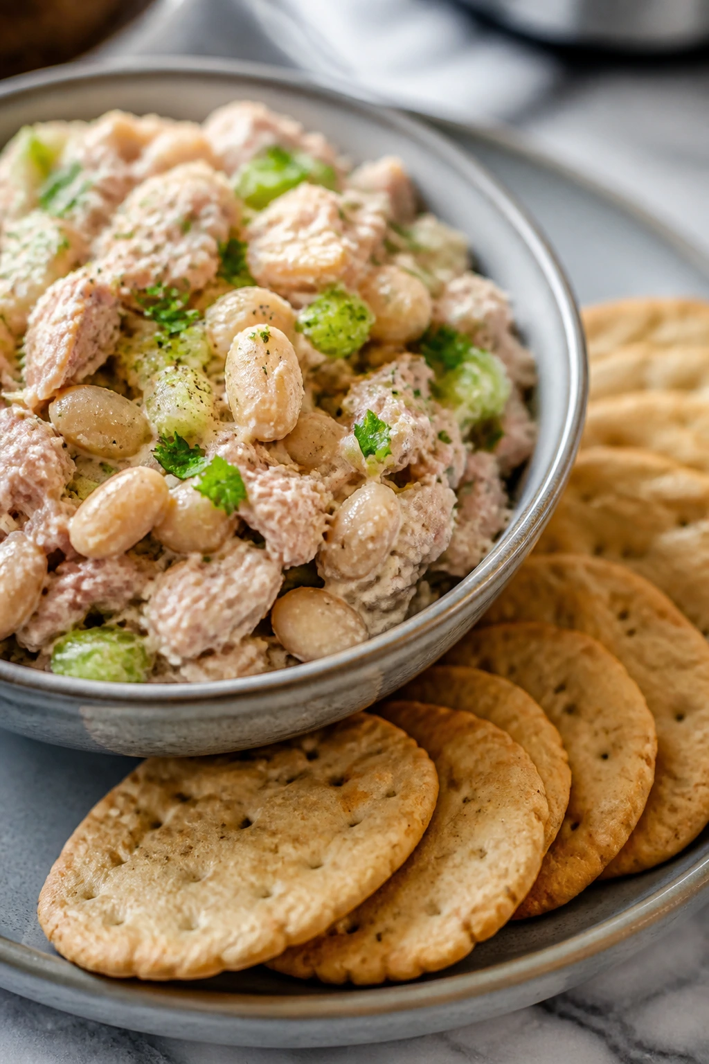Close-up of tuna white bean salad with crackers on a plate