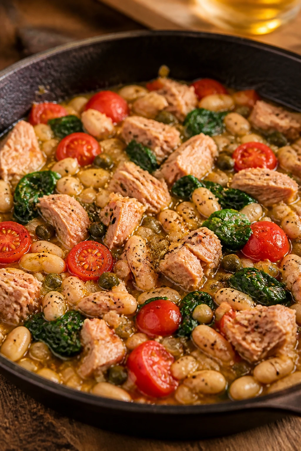 Tuna and white bean skillet with tomatoes and spinach