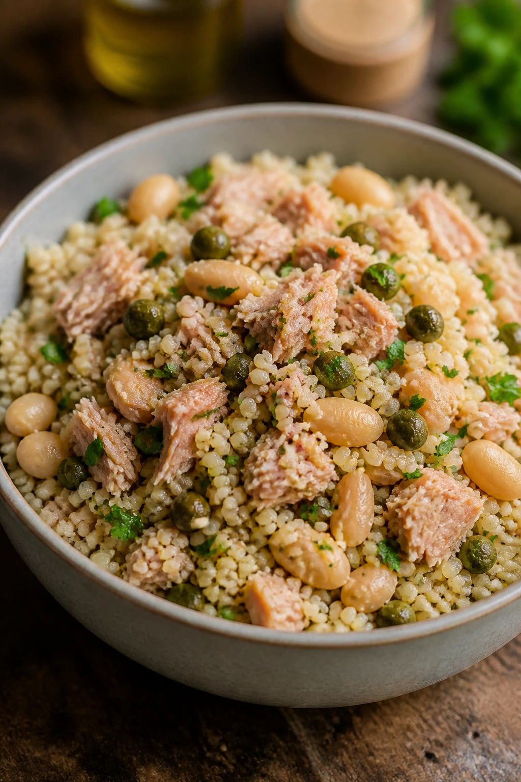 Close-up of tuna white bean caper couscous