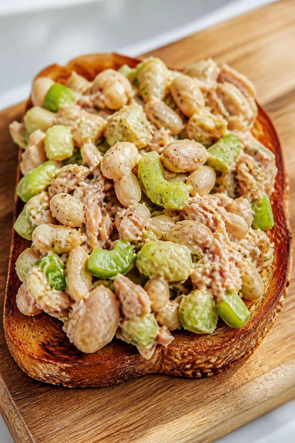 Toast topped with tuna and white bean salad