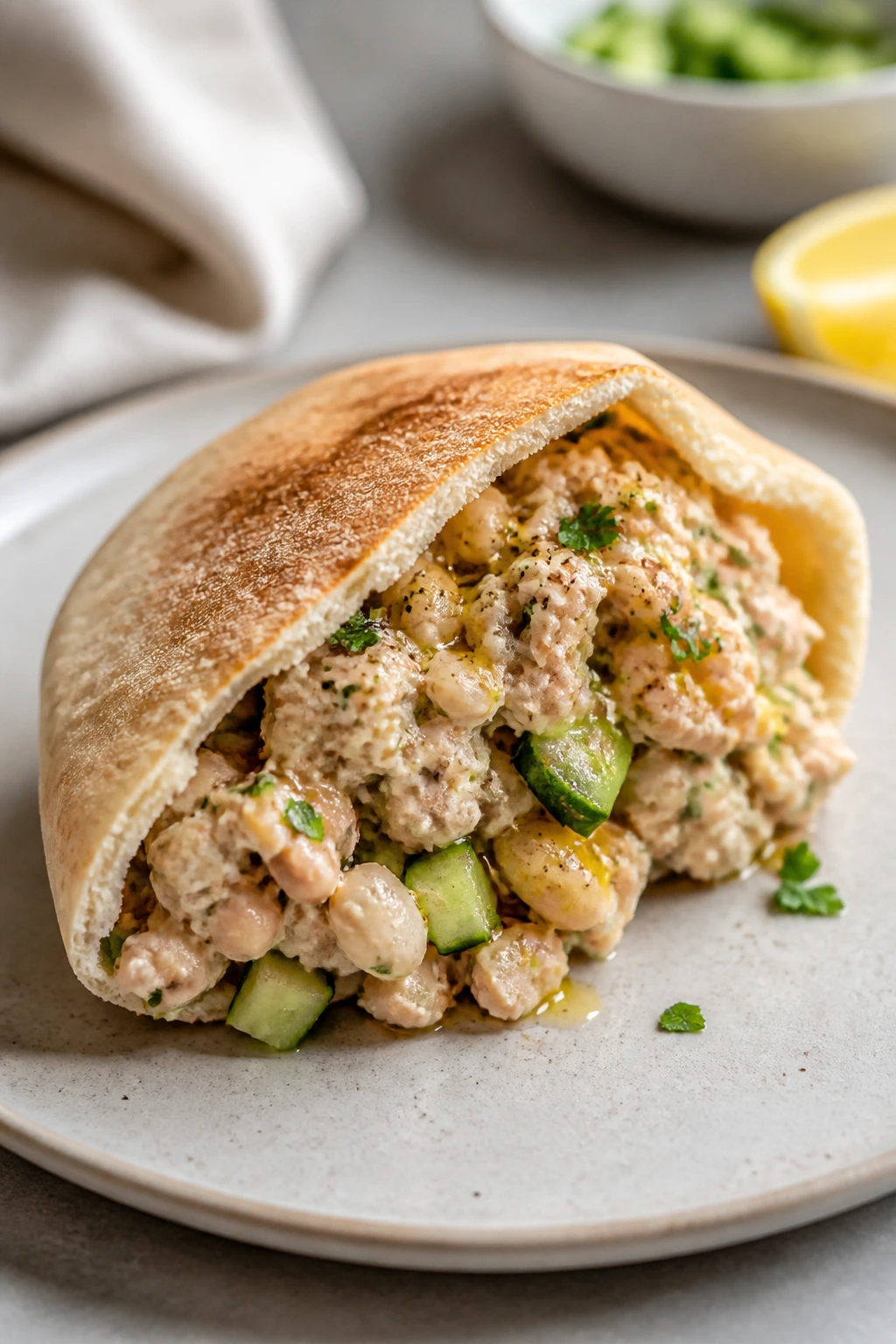 Open pita pocket with tuna and white bean filling on a plate