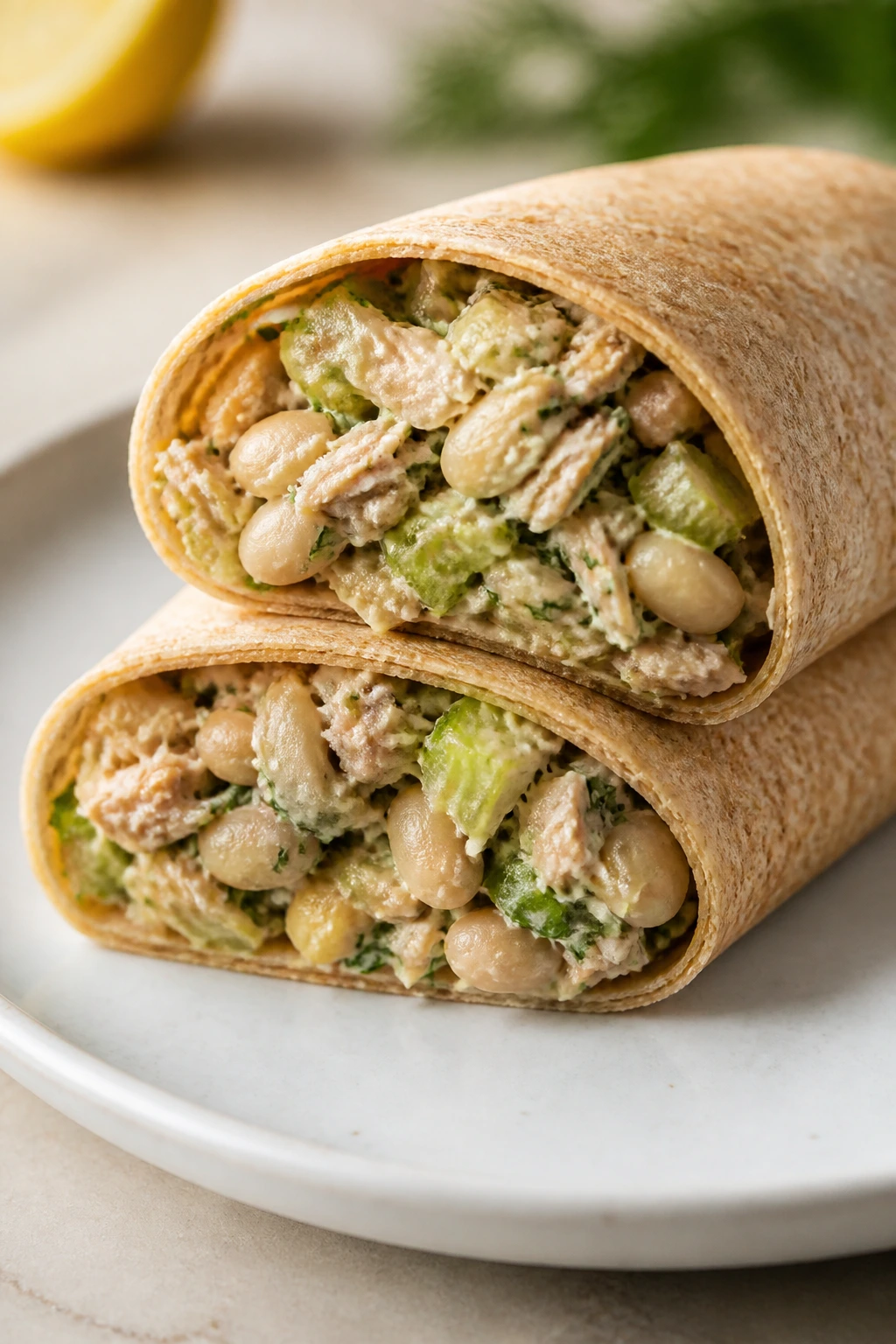 Half-cut tuna and white bean wrap on plate
