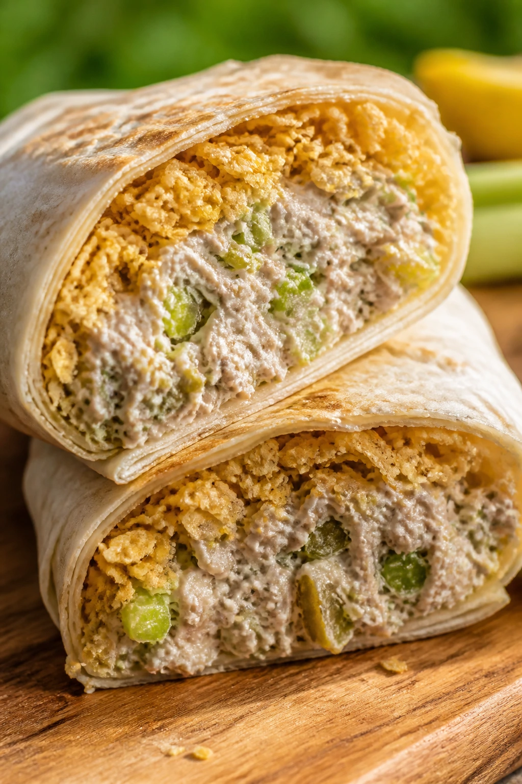 Close-up of tuna salad crunch wrap with celery, pickle and chips visible