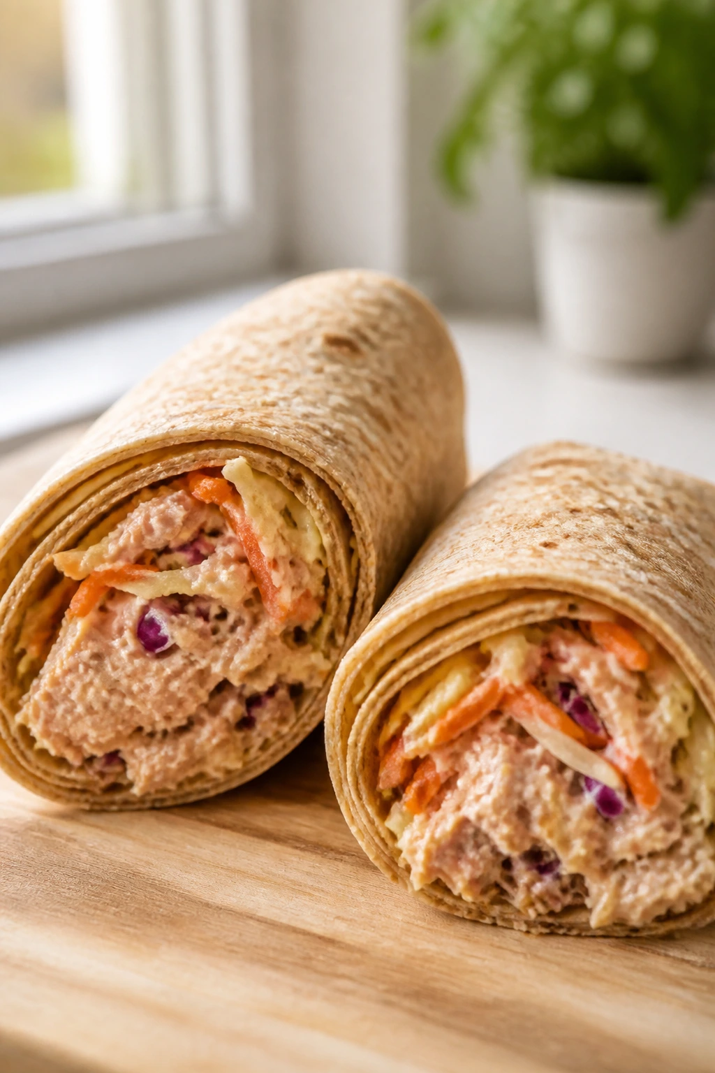 Close-up of hummus-tuna wraps with carrot and cabbage filling on wooden board