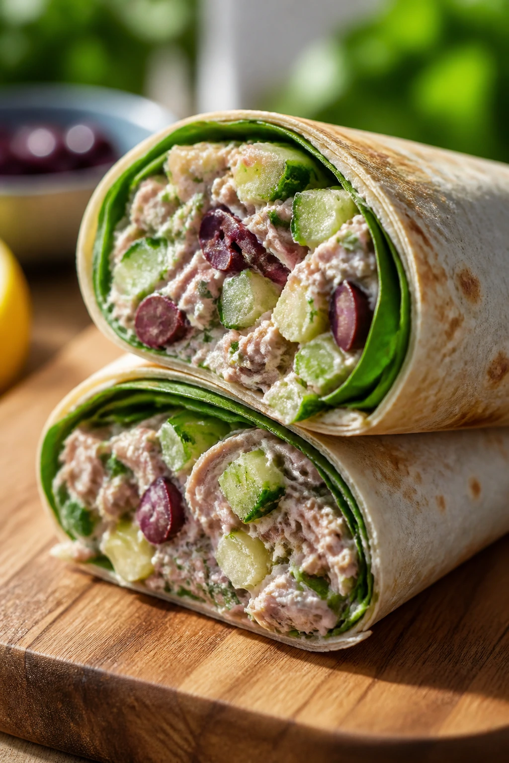 Halved Mediterranean tuna wrap with cucumber olives parsley and spinach