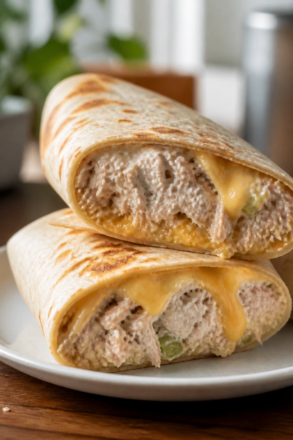 Tuna melt wraps cut in half on a plate in a bright kitchen