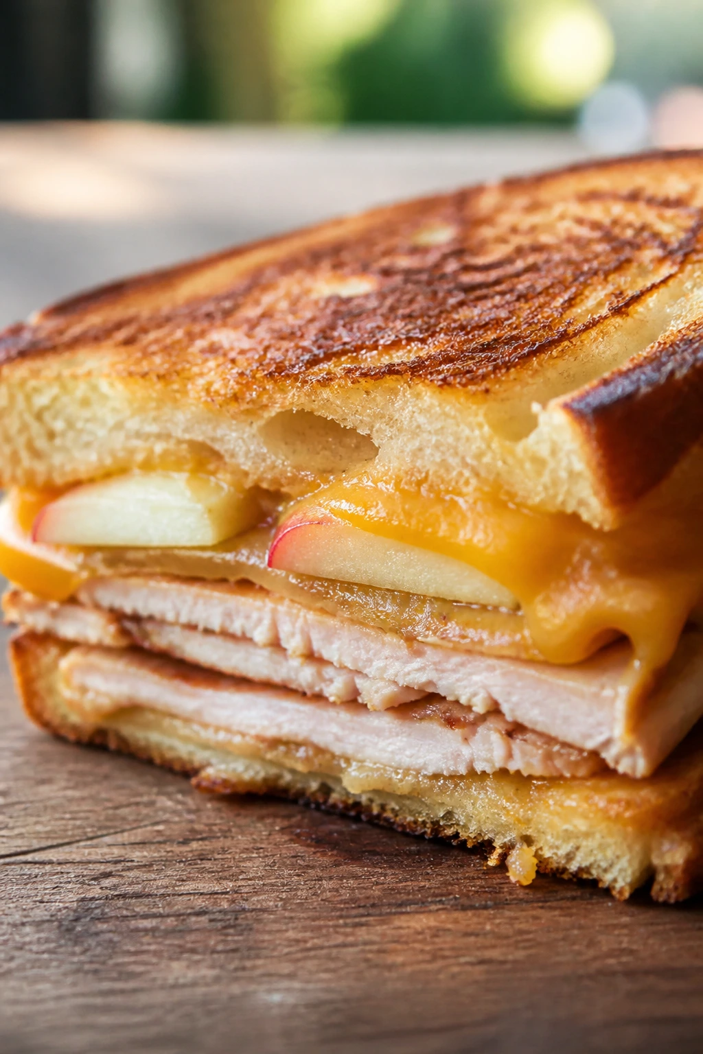 Grilled turkey, apple, and cheddar sandwich outdoors on a wooden table