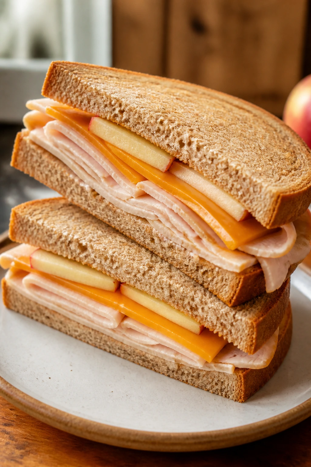 Close-up of turkey, apple, and cheddar sandwich cut to reveal layers