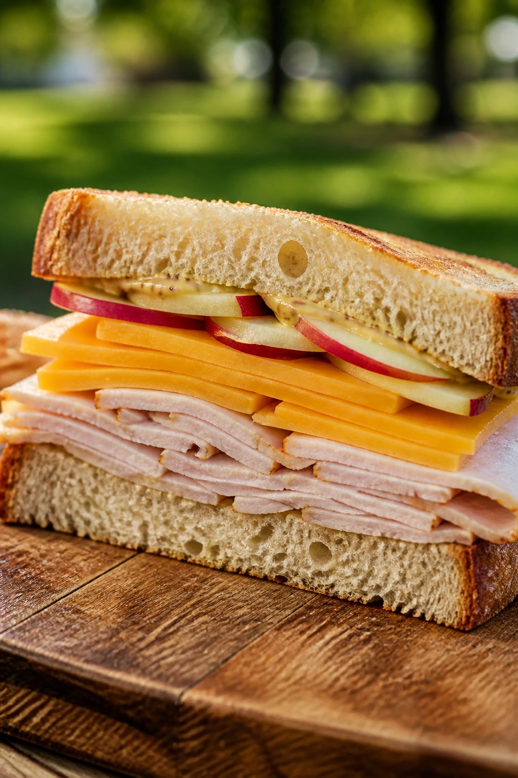 Cross-section of turkey, apple, and cheddar on sourdough sandwich on a cutting board outdoors
