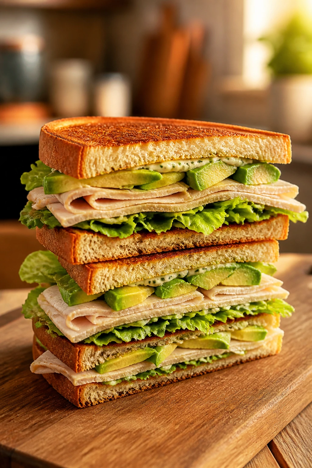 Close-up of Turkey Avocado Lettuce Club sandwich