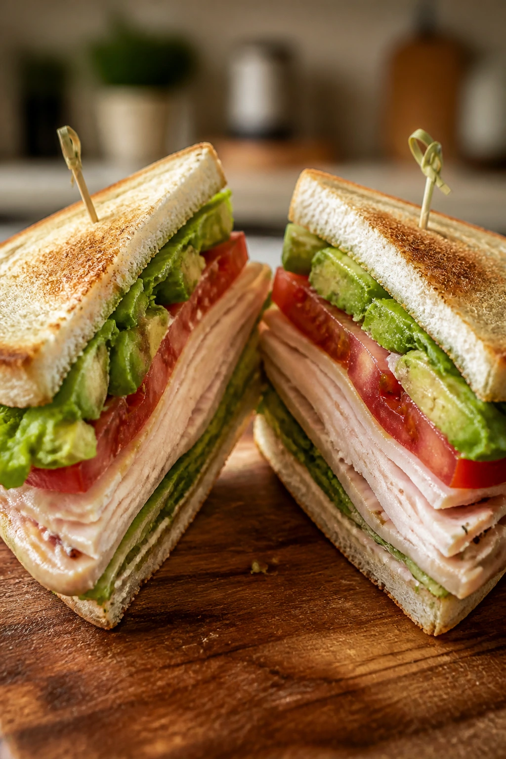 Club sandwich with turkey, avocado, tomato and lettuce