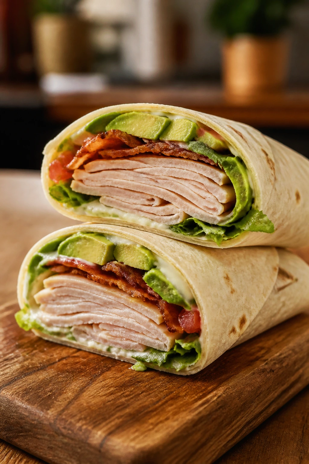Turkey avocado club wraps halved on a cutting board