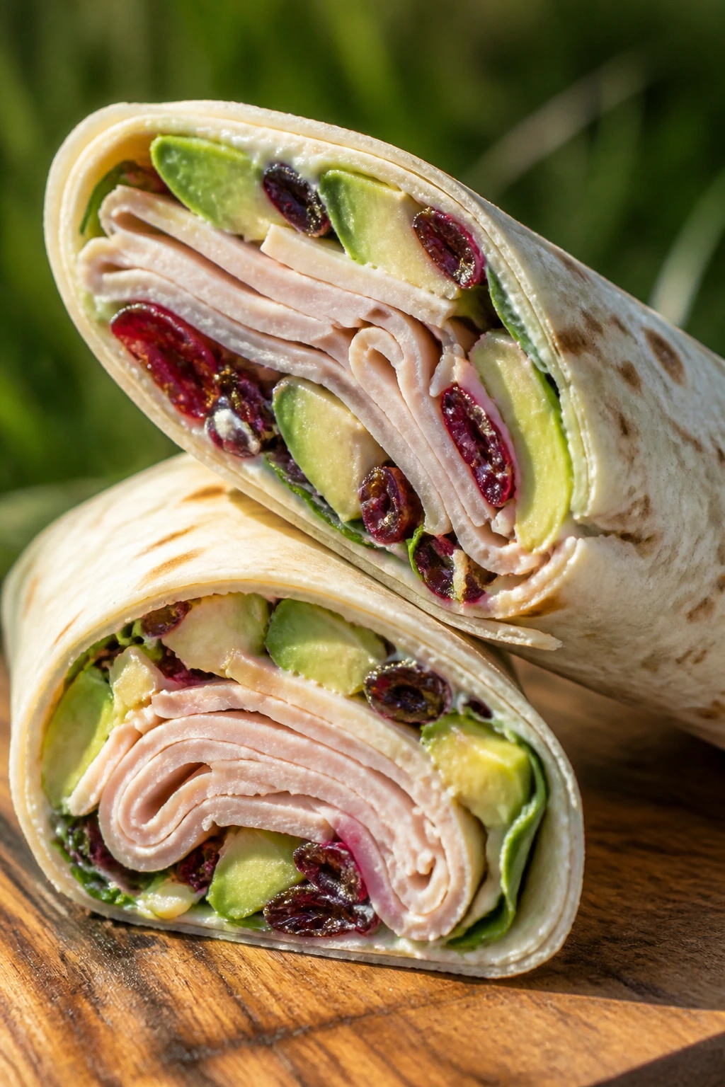 Close-up of turkey avocado cranberry wrap showing turkey, avocado and cranberries on a picnic board