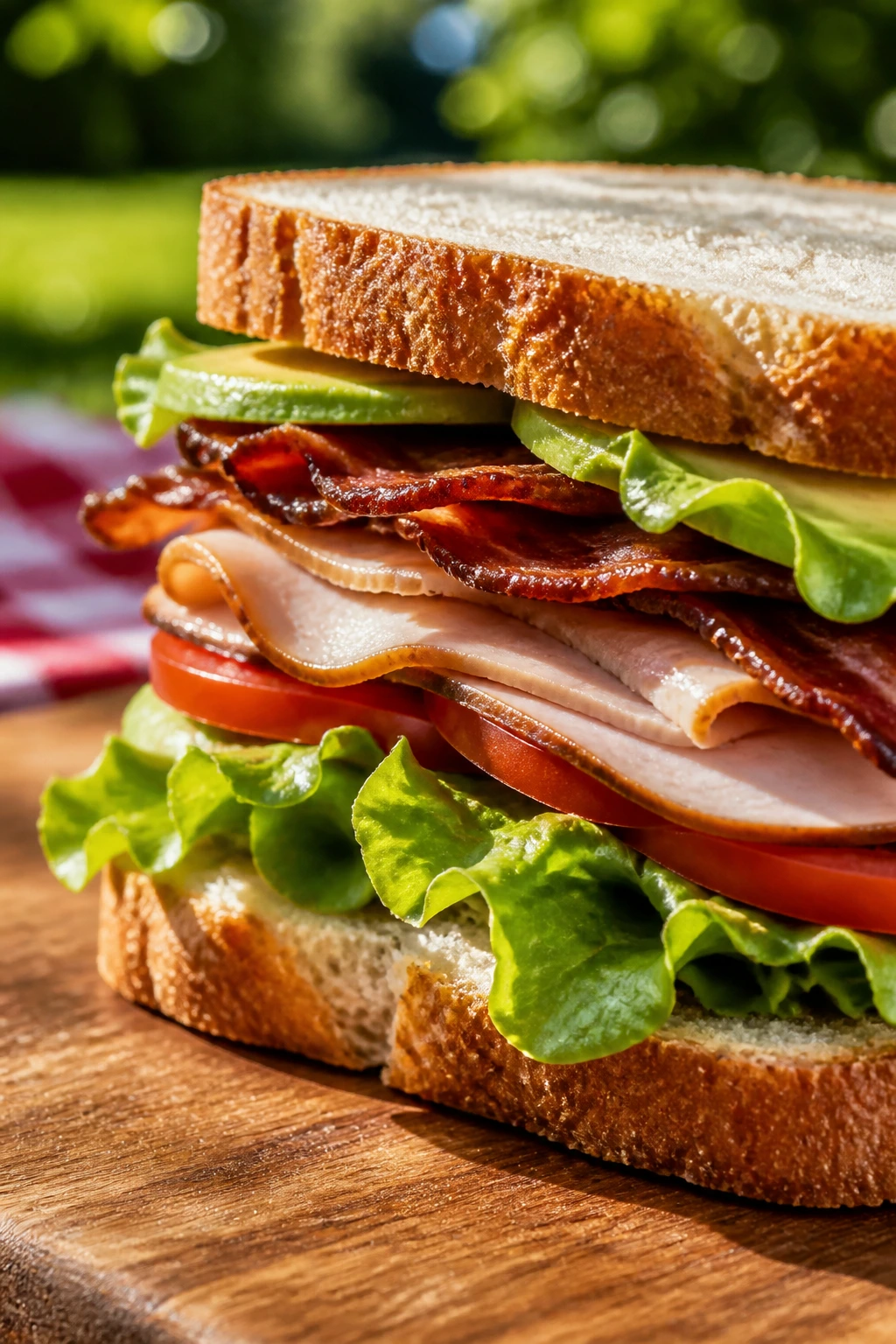 Close-up of turkey bacon avocado sandwich showing turkey, bacon, avocado, and lettuce.
