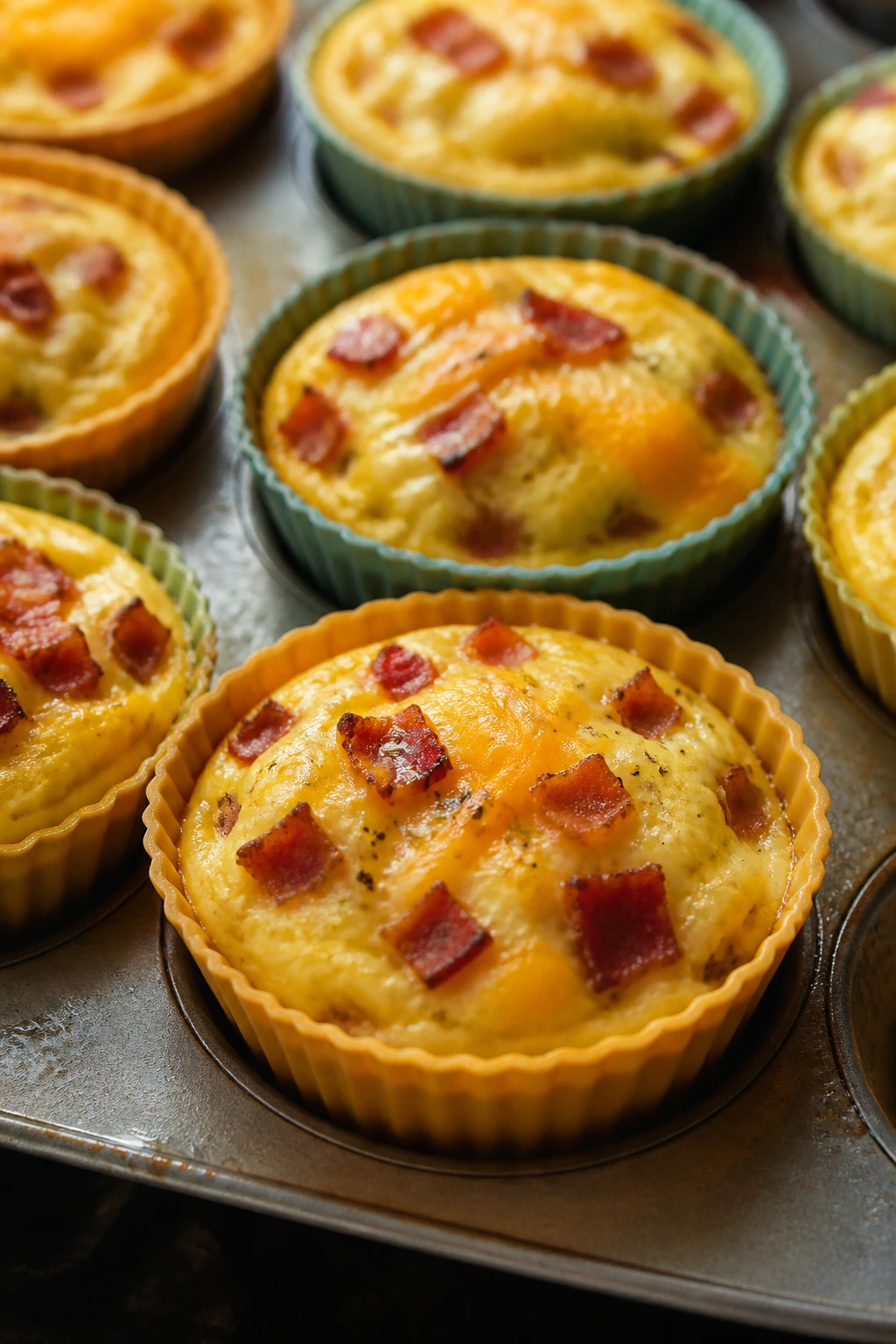 Close-up of turkey bacon egg muffins in silicone cups on a kitchen counter