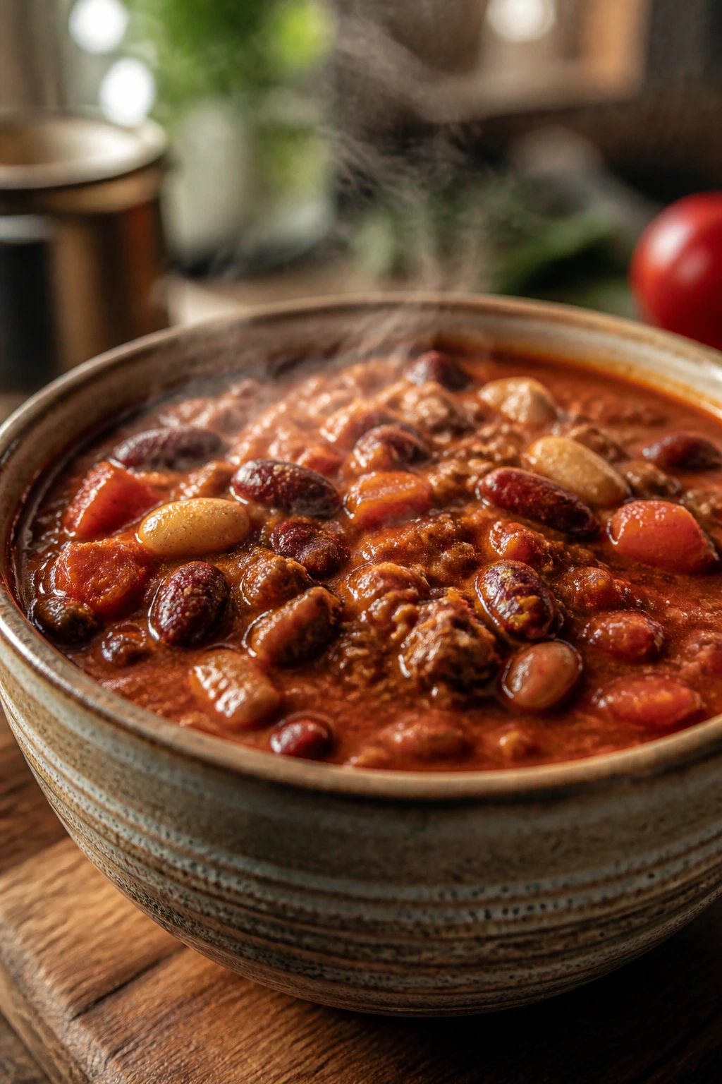 Close-up of turkey bean chili in a rustic bowl